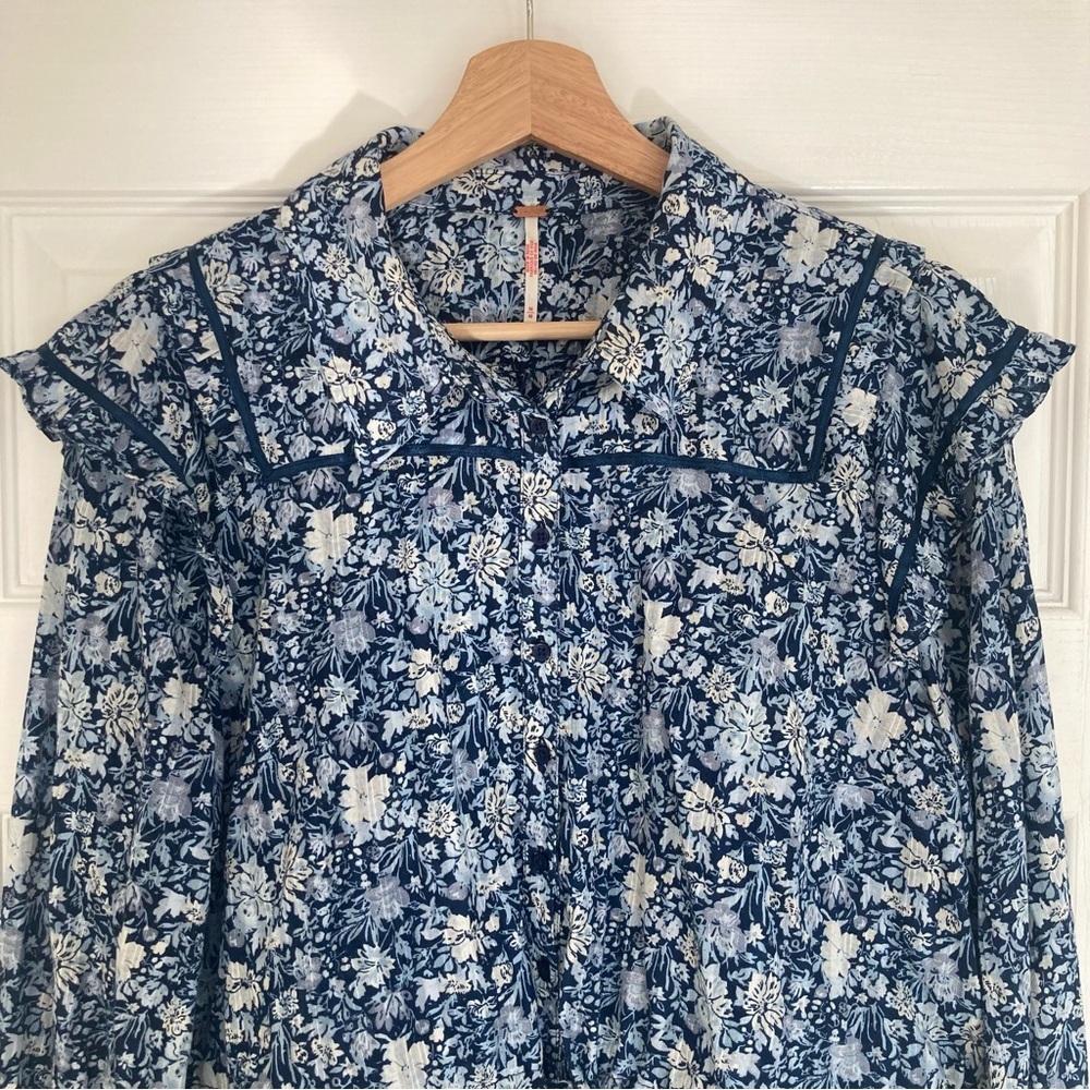 Free People Daybreak Printed Cotton Blouse in Chambray Combo Blue, Size M, NWOT - Picture 6 of 16